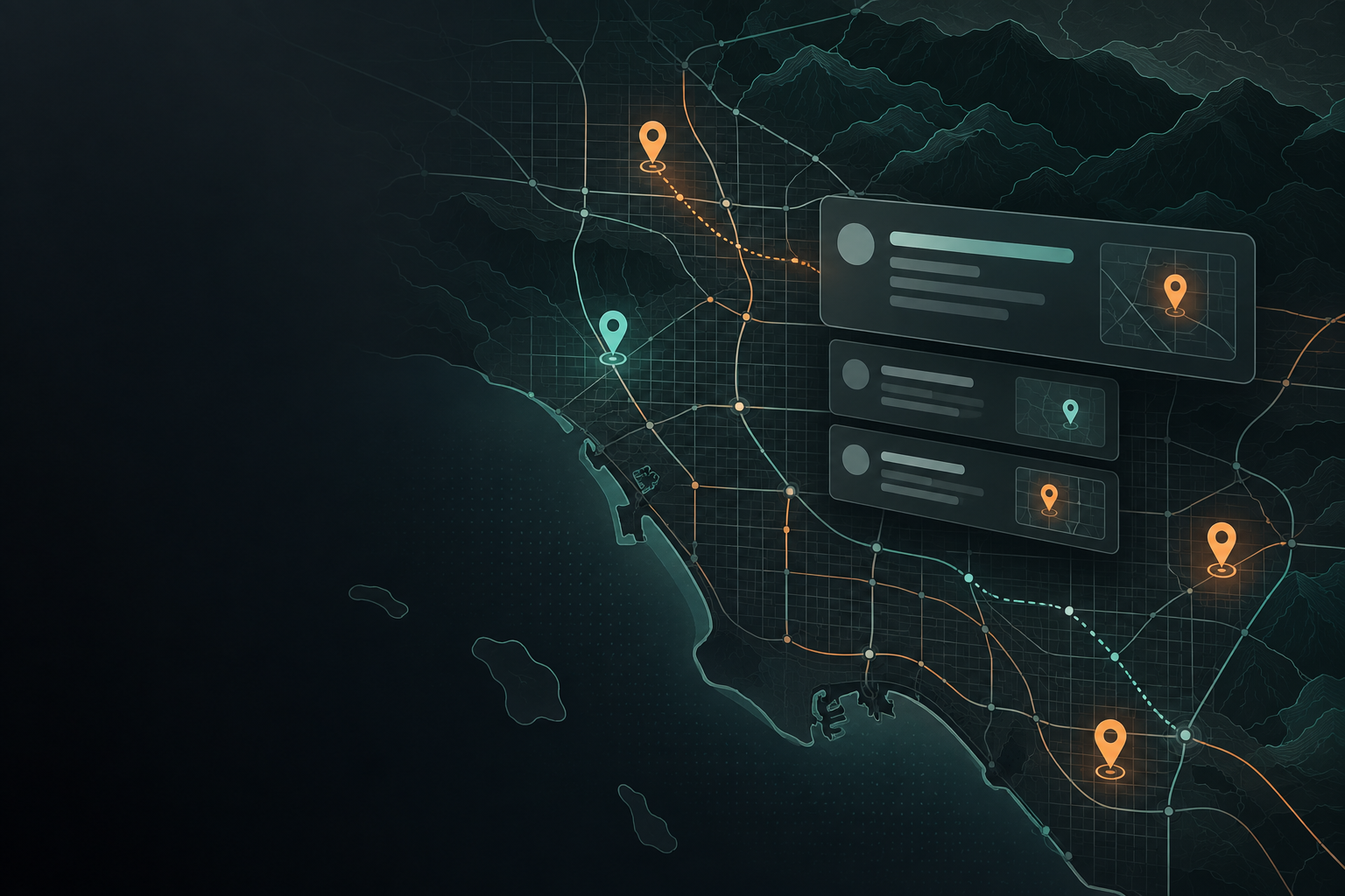 Abstract map-grid illustration with local search results and location pins